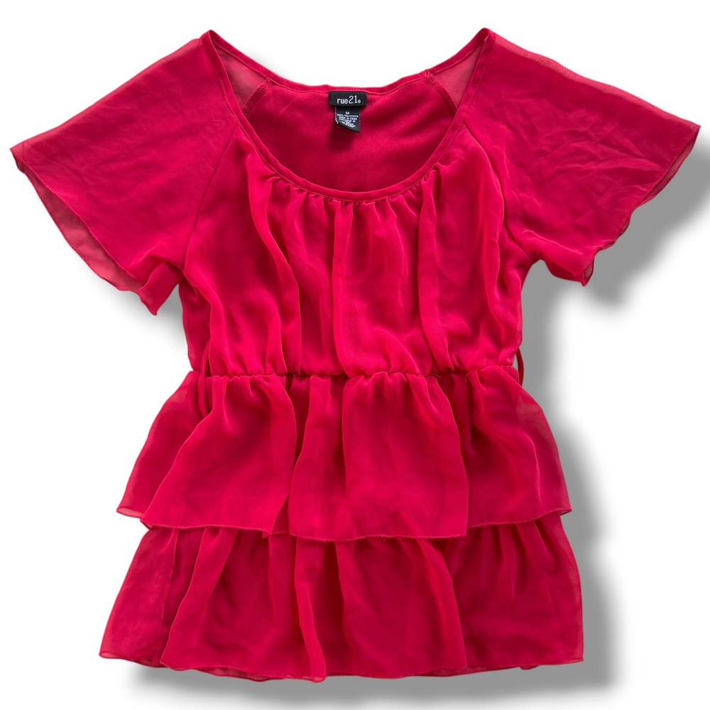 Rue21 Womens Med Red Tiered Babydoll Top Short Flutter Sleeve Chiffon Blouse Y2K